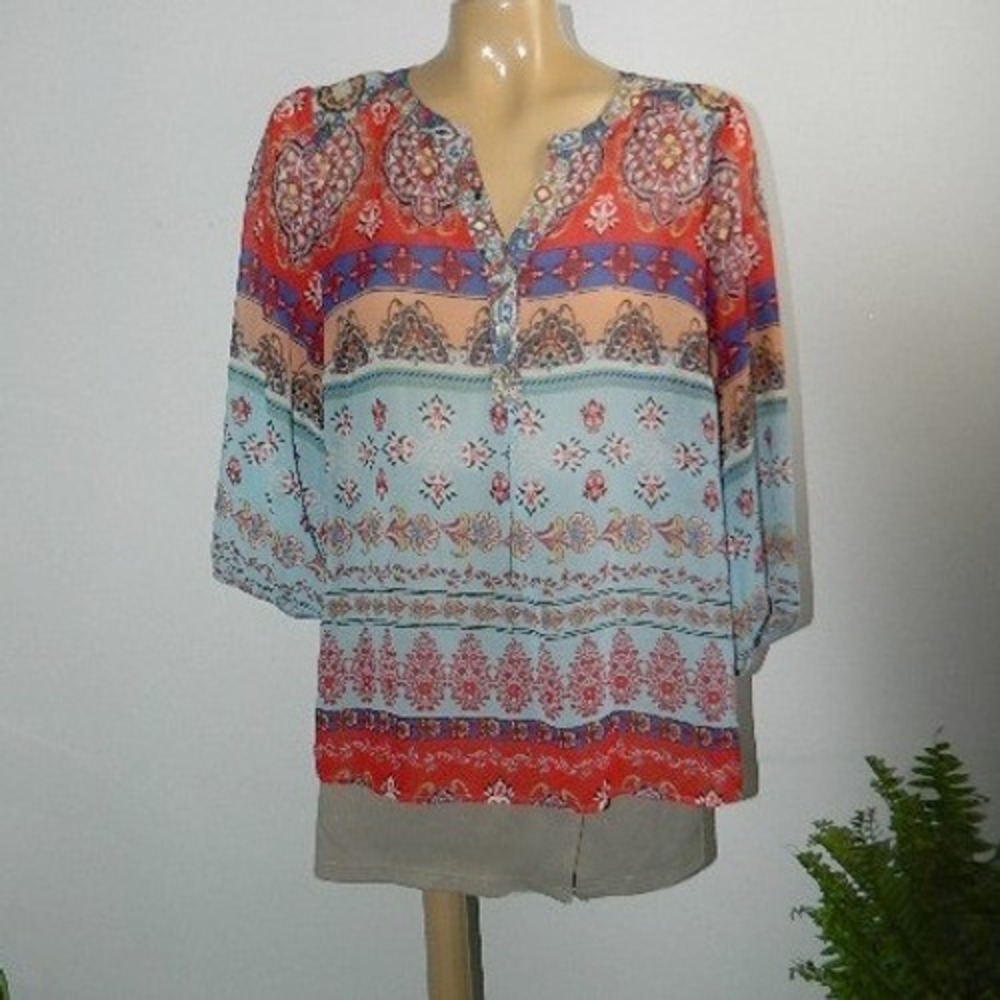 Figueroa & Flower Blouse Women PXL Multi Paisley Boho Split Neck 3/4 Sleeve